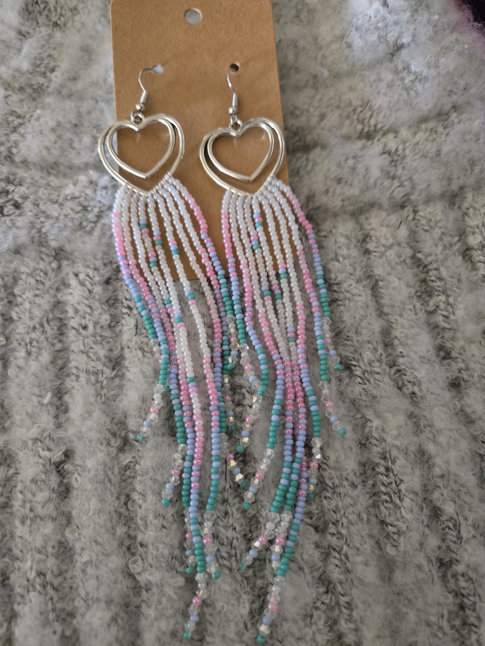 Silver Heart Fringe Beaded Earrings in Pink, Turquoise & White